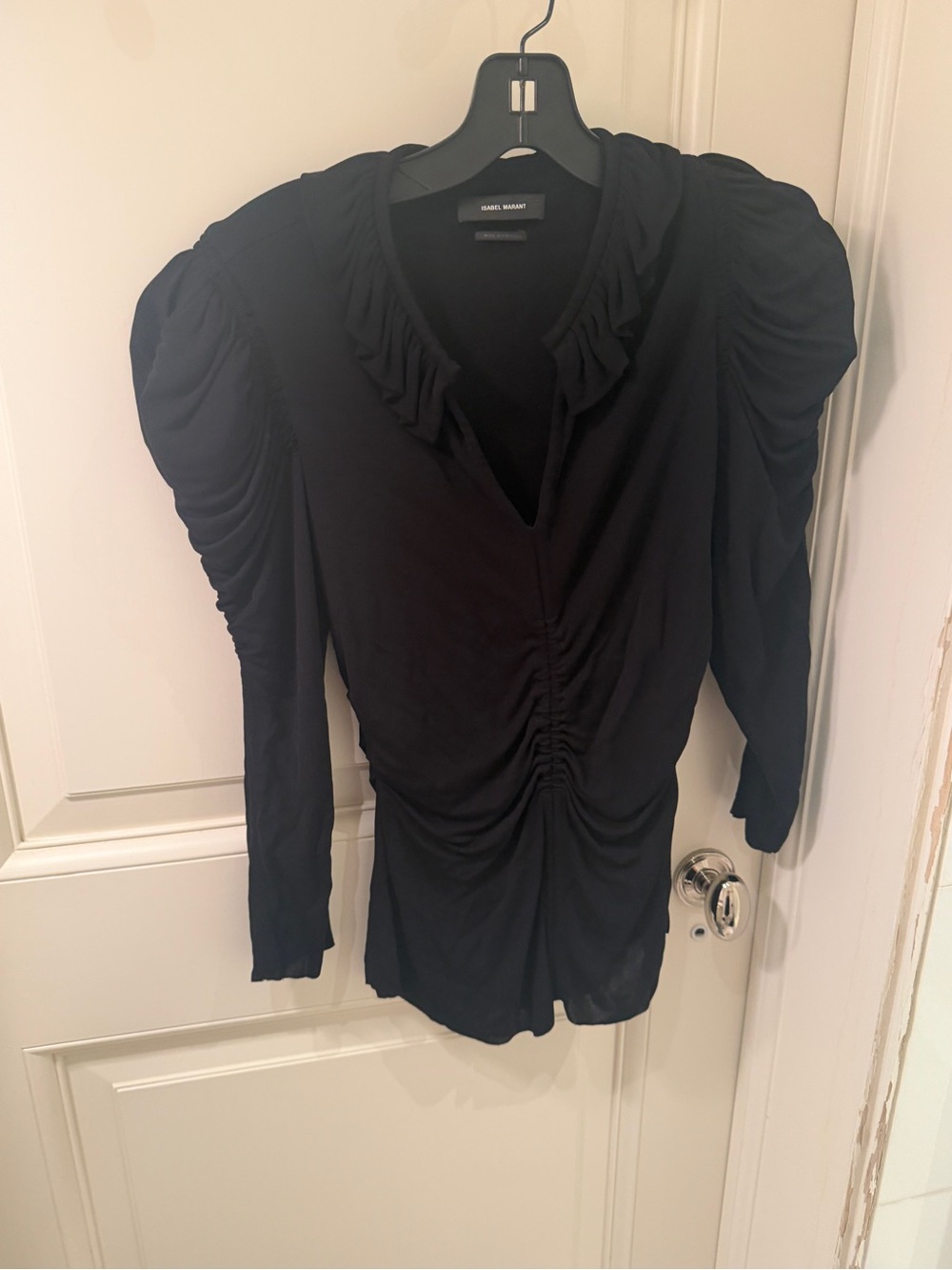 Isabel Marant Black Gathered-Shoulder V-Neck Ruched Front Top